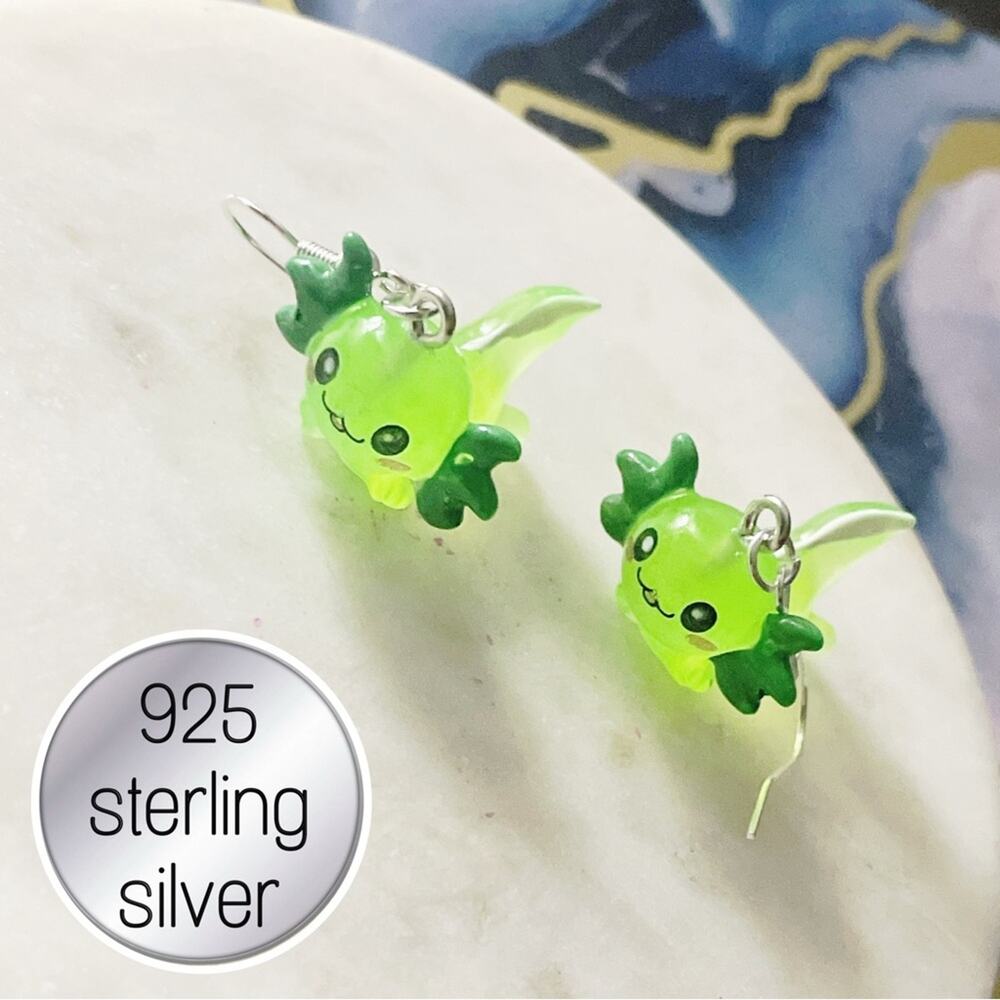 Green axolotl cute 925 Sterling Silver  Earrings